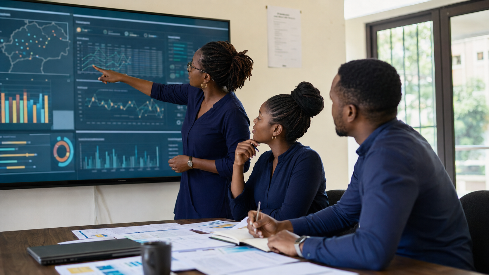 Thorn Consulting data specialists reviewing digital MEAL dashboard metrics